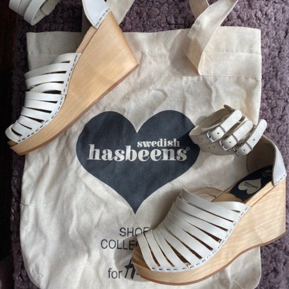 SWEDISH HASBEENS H&M WHITE LEATHER WOOD PLATFORMS - Picture 9 of 12